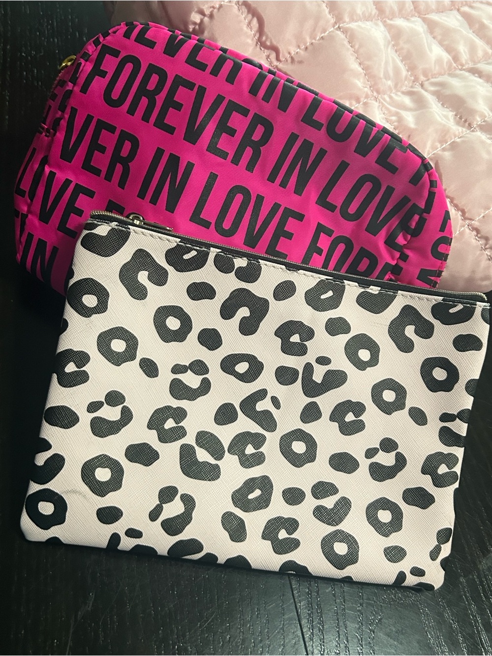 Bundle-Pink 'Forever in Love' Cosmetic Pouch & Black/White Leopard Zip Pouch Set